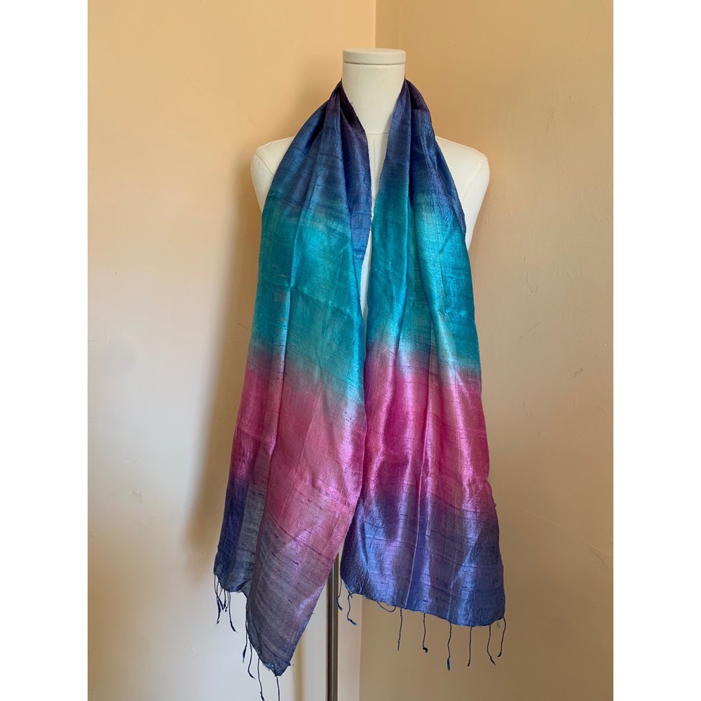 Blue Teal Pink Ombre Raw Silk Scarf Fringed Shawl Wrap